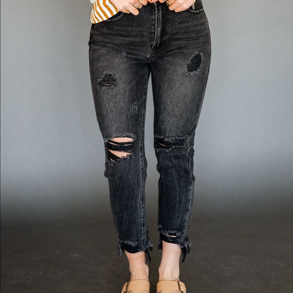 NWT MINDY MAES MARKET Nico Distressed Jeans - Black highwaist mom fit ankle jean